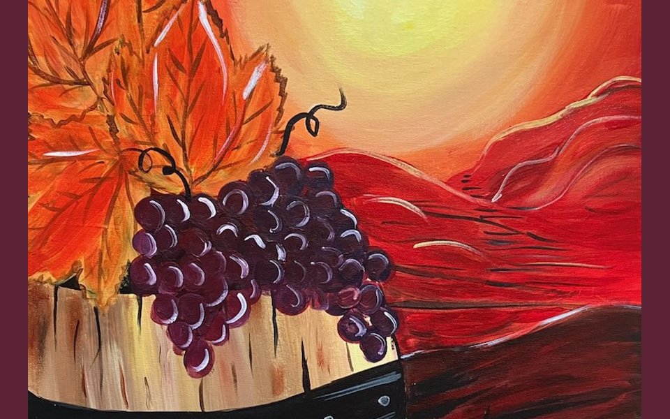 Painting of a barrel of grapes with sunset in the background - artwork to be painted at the Barrel of Fun Sip N Paint at MountainRose Vineyards