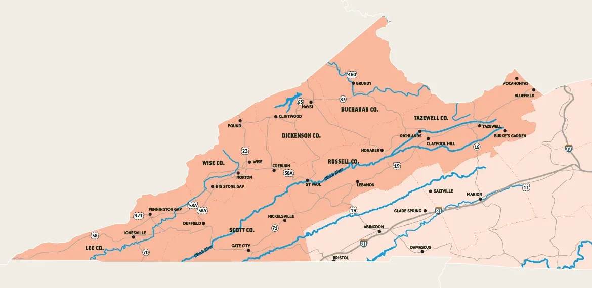 Map of the Heart of Appalachia region showing the seven Southwest Virginia counties and the City of Norton