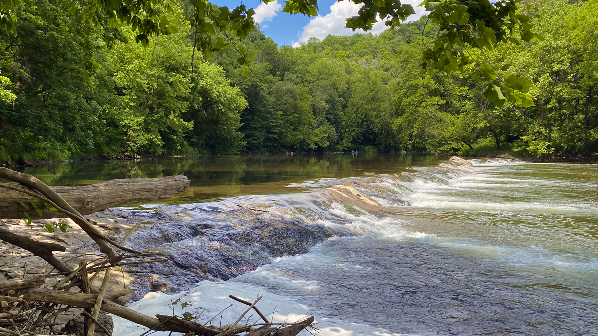 Burton's Ford Falls flowing over rock ledges on the Clinch River at Clinch River State Park in Southwest Virginia