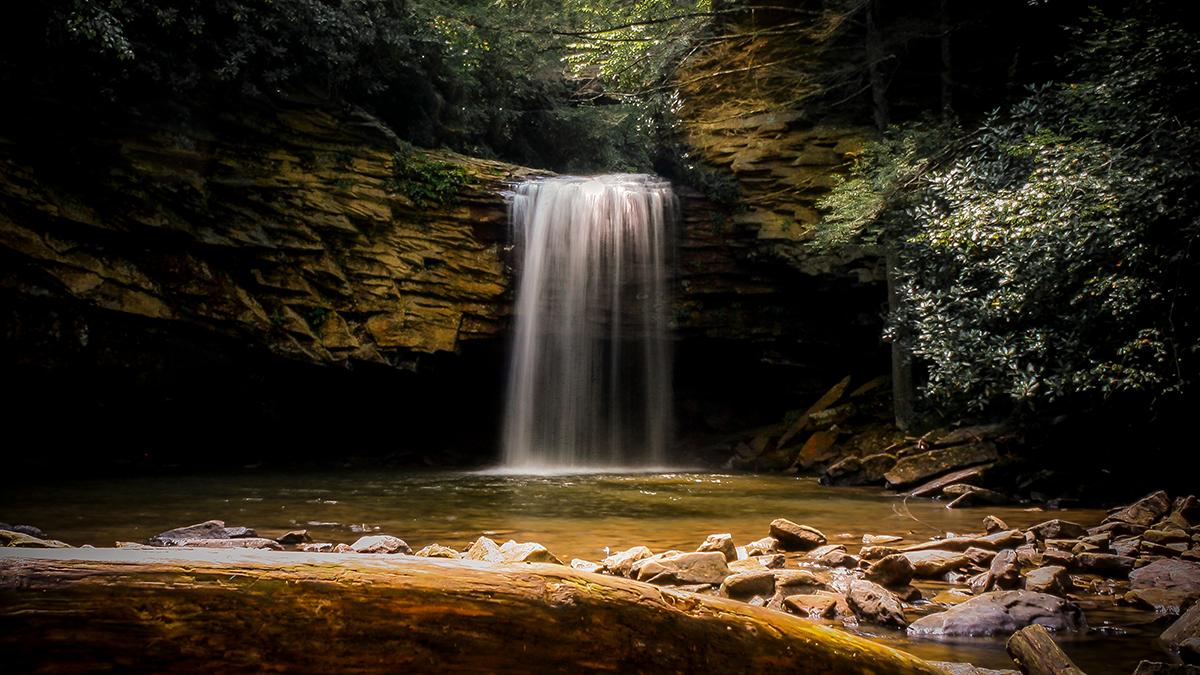 Little Stony Creek Falls flowing through a green summer gorge in Scott County, Virginia