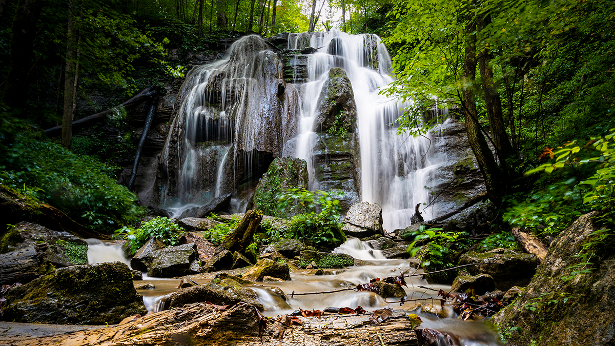 Tank Hollow Falls cascading over layered rock ledges at Cleveland Barrens Natural Area Preserve, Russell County, Virginia