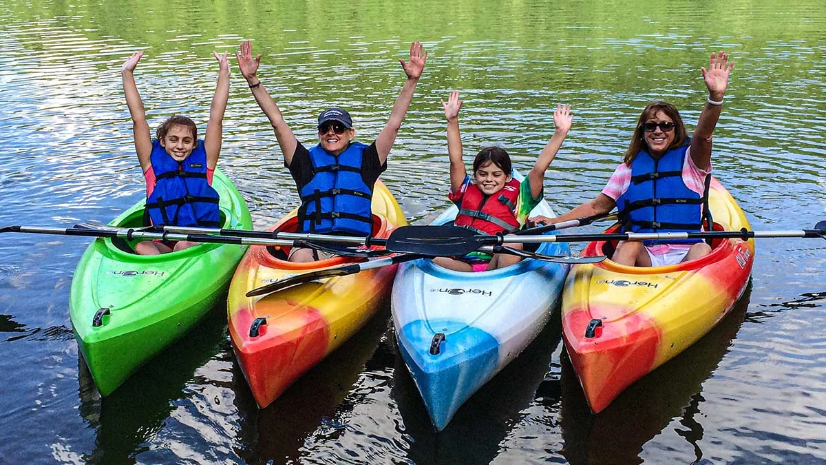 Kayaks lined up at a Clinch River put-in in Southwest Virginia