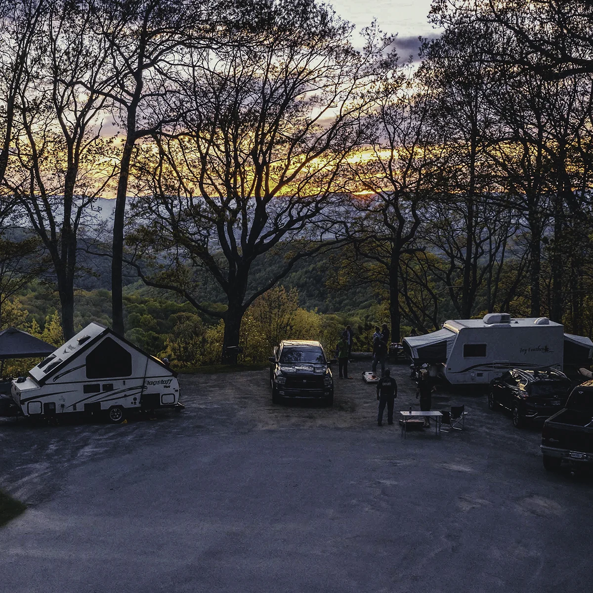 RV and travel trailer camping at Flag Rock Campground at sunset, with expansive mountain views across Southwest Virginia's Appalachian landscape.