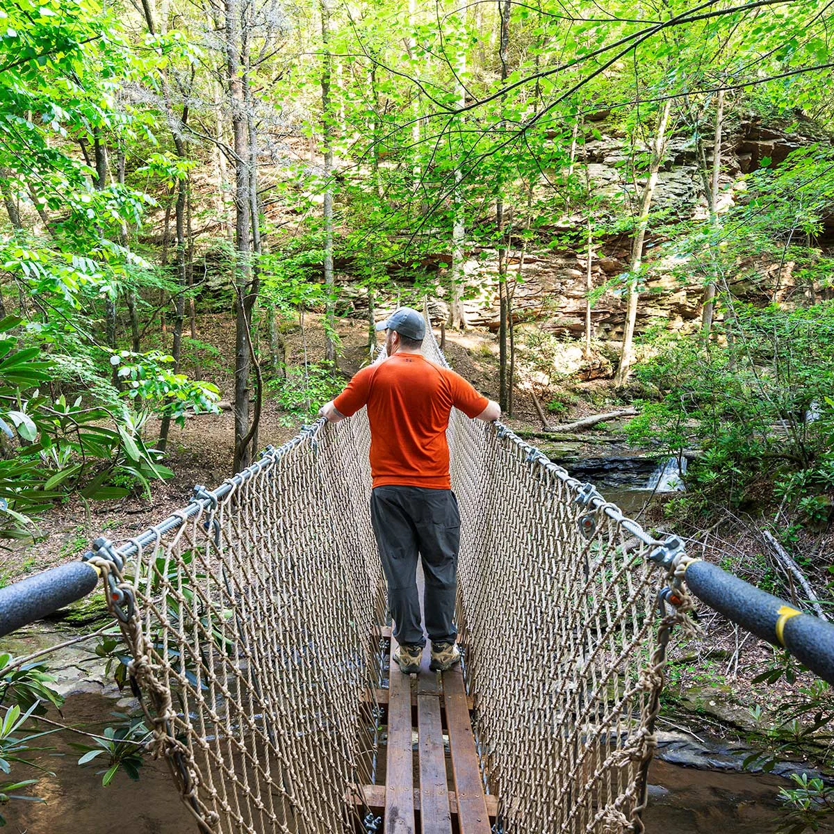 Hiker crossing a rope suspension bridge over a creek on the Mule Skid Trail in spring, Southwest Virginia.