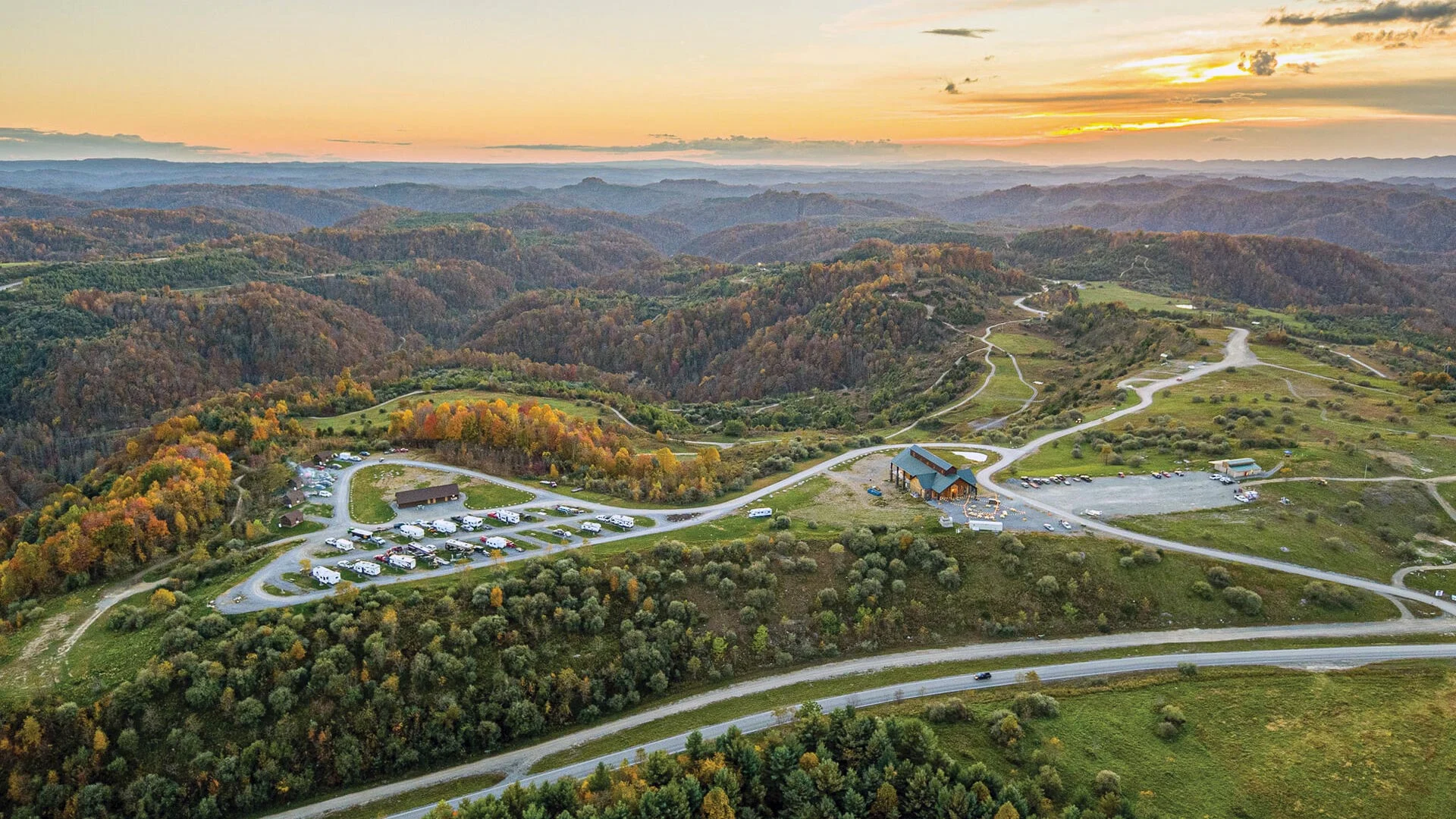 Aerial view of reclaimed grassland at the Breaks Southern Gap at sunset.