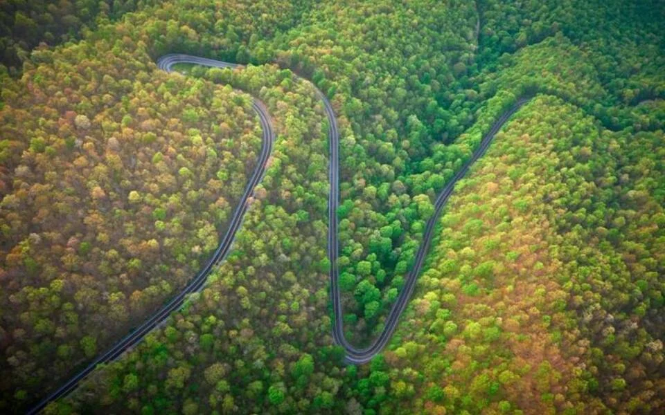 Aerial view of the winding Back of the Dragon route on VA-16 in Tazewell County, Virginia