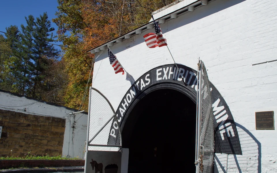 The white portal entrance to the Pocahontas Exhibition Mine and museum in Tazewell County, Virginia