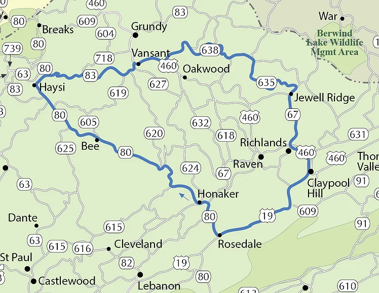 Appalachian Backroads Gargoyle & Virginia's Great 80 Route map