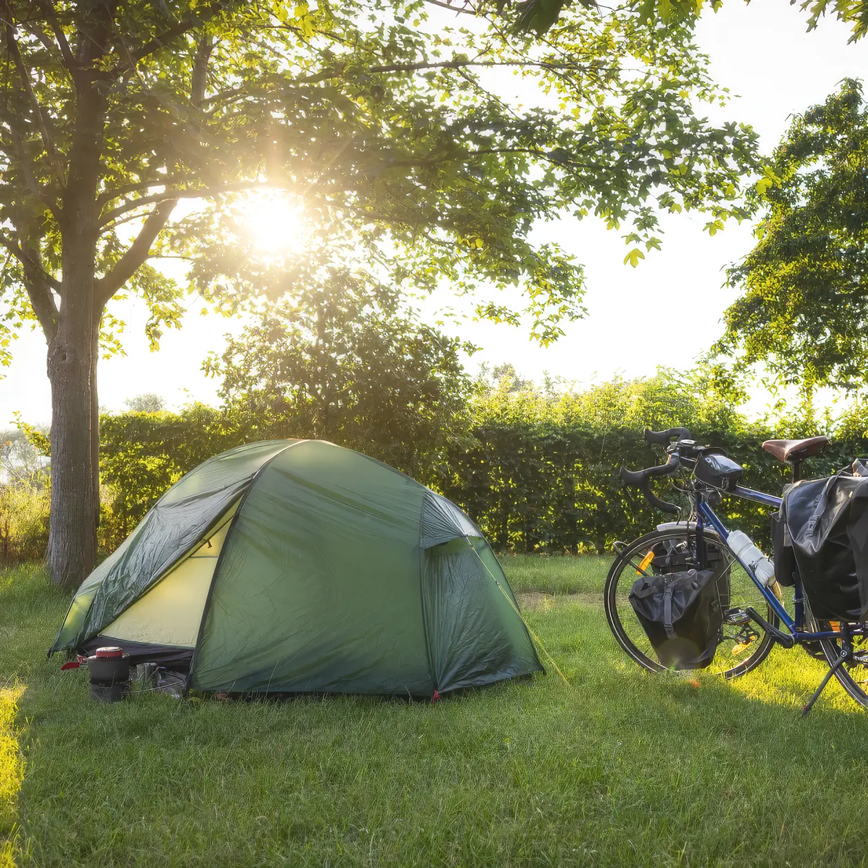 Green dome tent and a loaded touring bicycle with pannier bags on a grassy campsite in morning sun